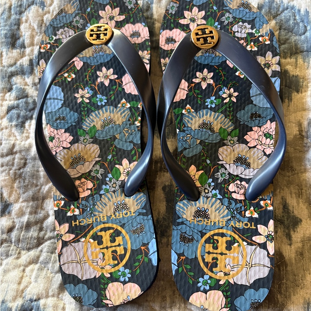 Tory Burch Blue Floral Flip Flops NEW